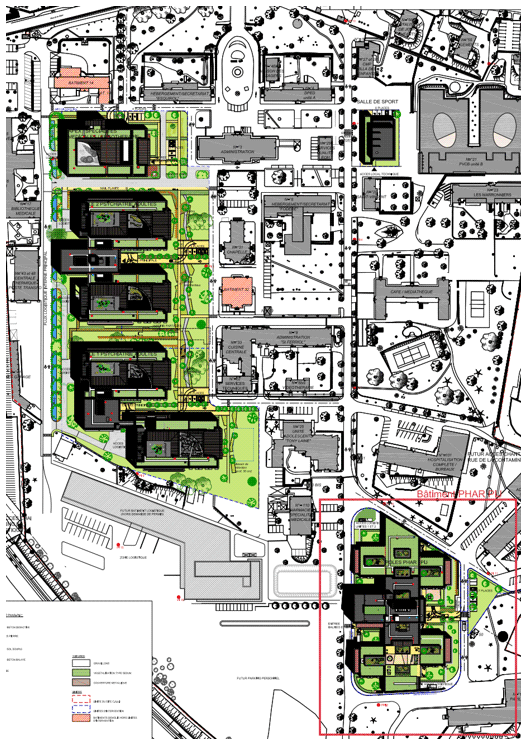 Plan de masse du centre hospitalier et du bâtiment équipé de VN